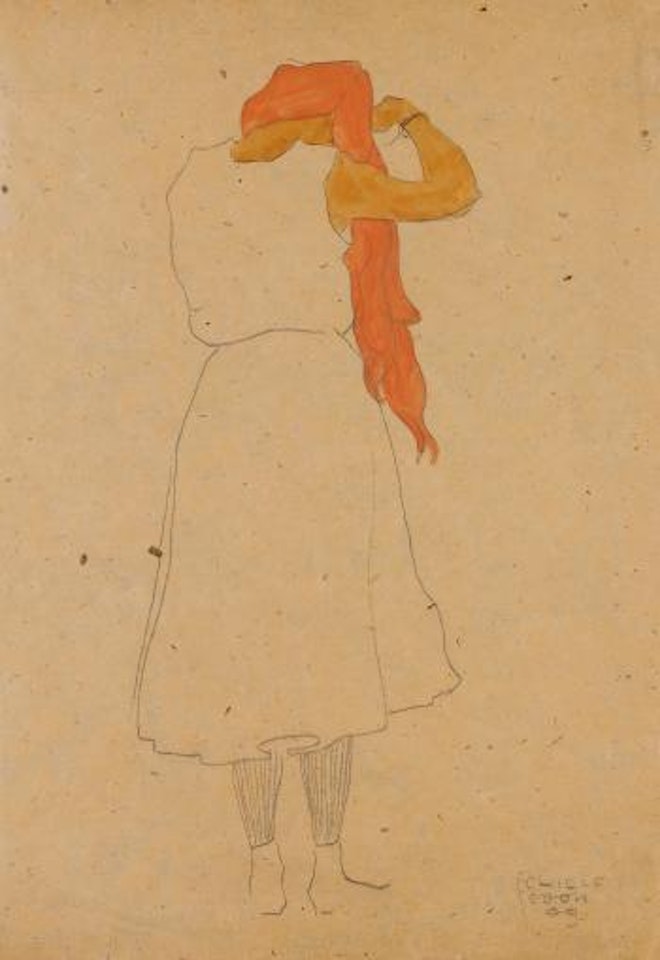 Stehende, Sich Die Langen Roten Haare Kämmend, In Rückenansicht (Standing Woman Combing Her Long Red Hair, Back View) by Egon Schiele