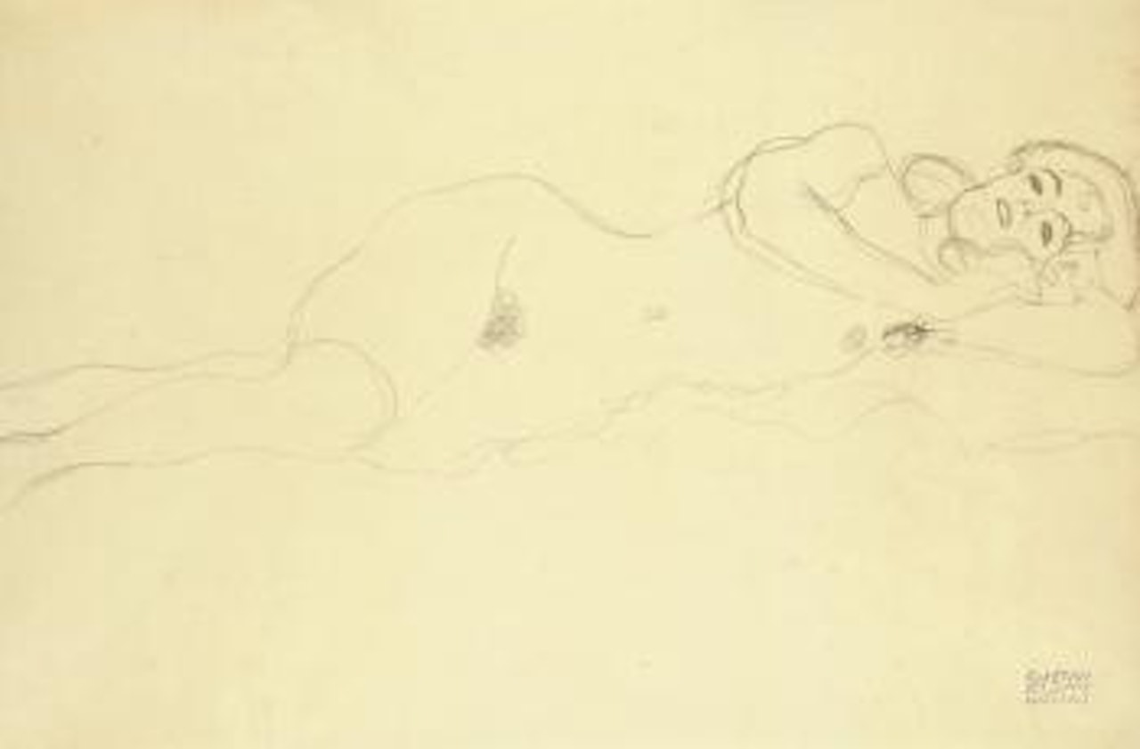 Mädchenakt Von Vorne, Die Rechte Hand Am Kinn (Female Nude, Frontal View, The Right Hand At Her Chin) by Gustav Klimt