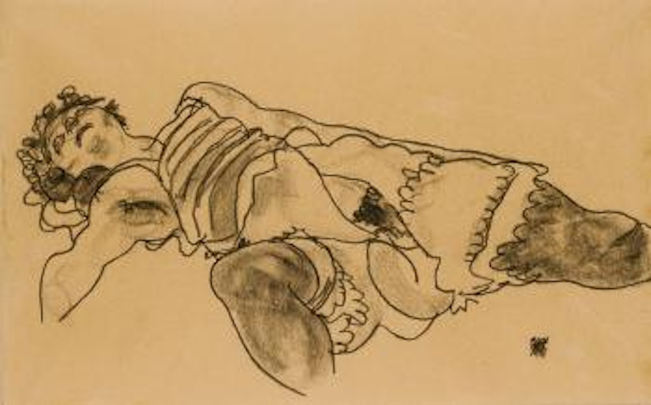 Liegende, Den Kopf Nach Hinten Gebeugt Mit Geoeffneter Unterwaesche (Reclining Woman With Head Bent Back With Open Undergarments) by Egon Schiele