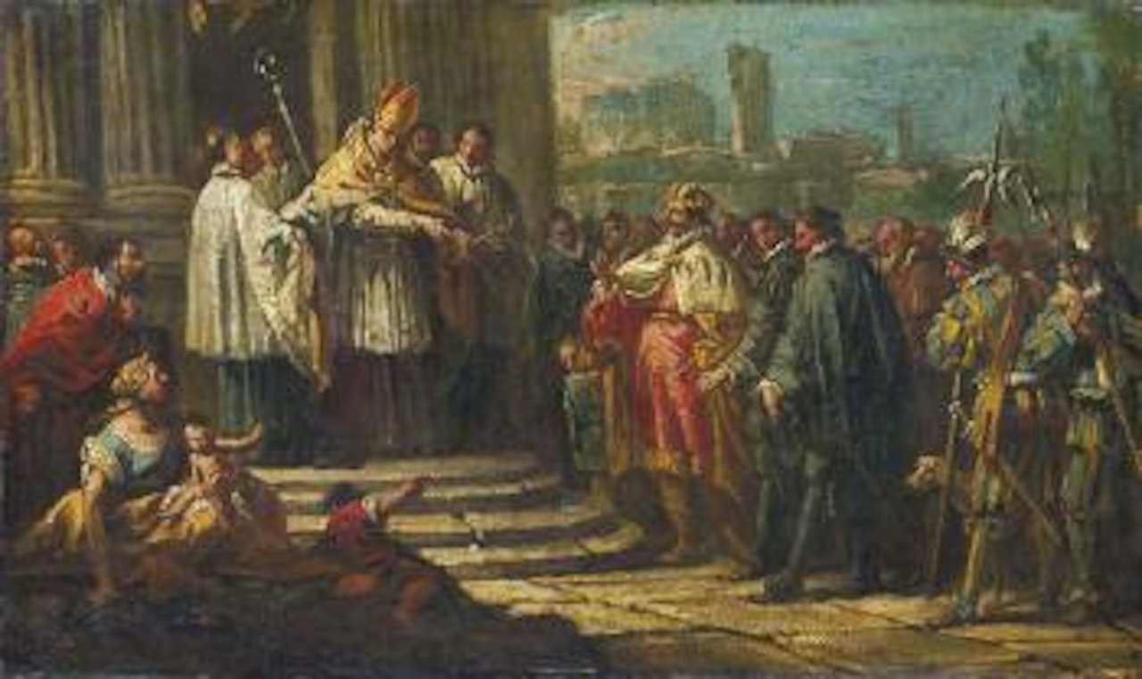 Saint Ambroise refusant l'accès de son église à l'empereur Théodose by Gaspare Diziani