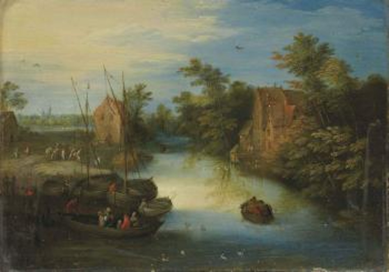 Villageois chargeant leurs barques au bord d'un ruisseau by Jan Brueghel the Younger