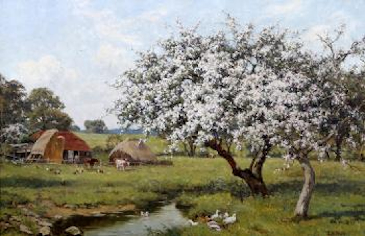 Pastoral scene with blossom trees by a stream, and farm animals by a barn beyond by Edward Wilkins Waite