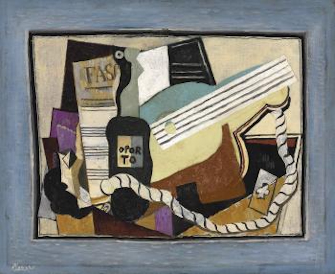 Partition, bouteille de porto, guitare, cartes à jouer by Pablo Picasso