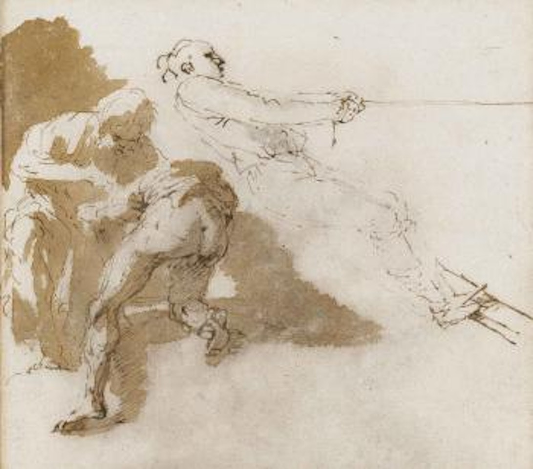 A sailor hauling on a rope, and two other figures, perhaps a doctor and patient by Salvator Rosa