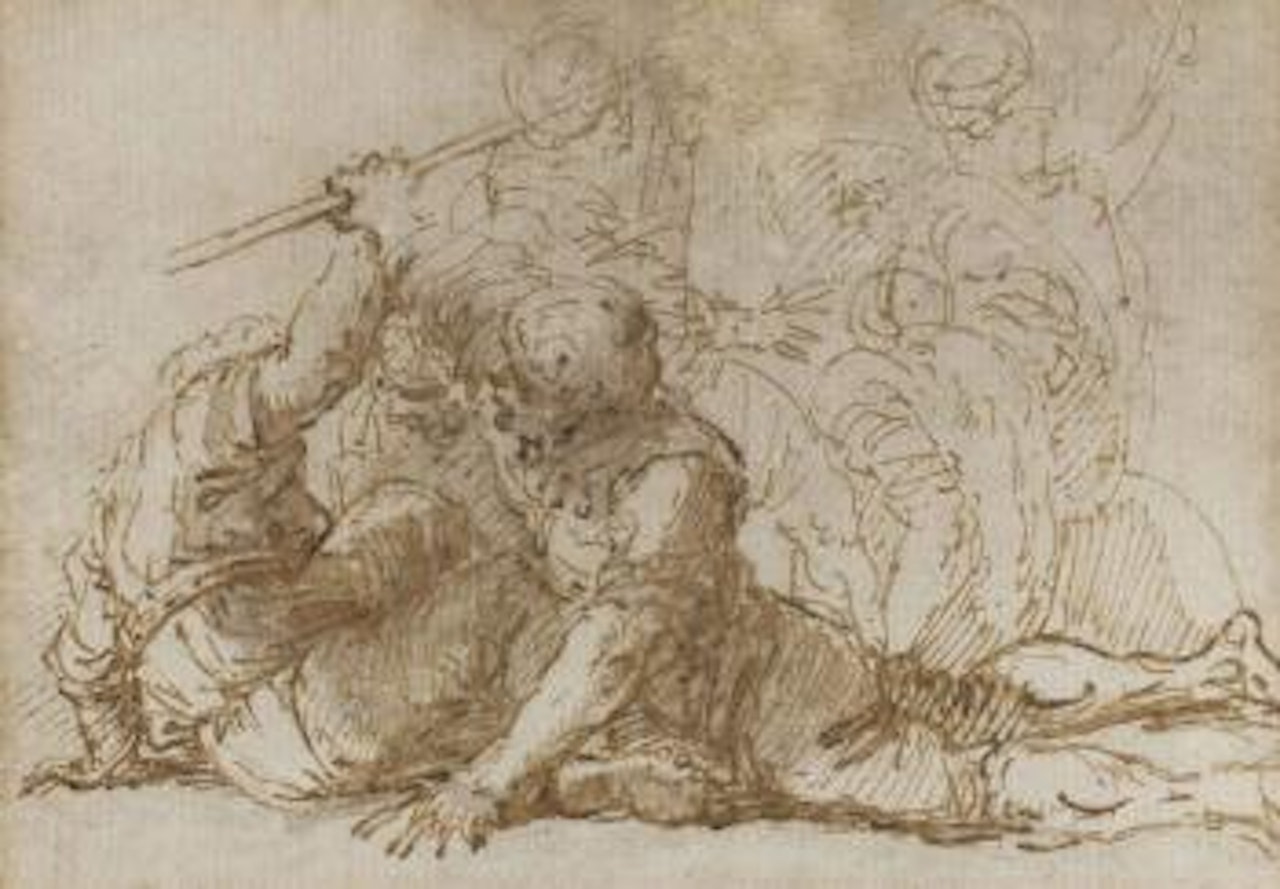 Two soldiers struggling over a spear, another man protecting himself with a shield beyond by Salvator Rosa