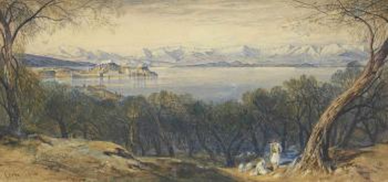 Distant view of the Citadel from the village of Ascension, Corfu by Edward Lear