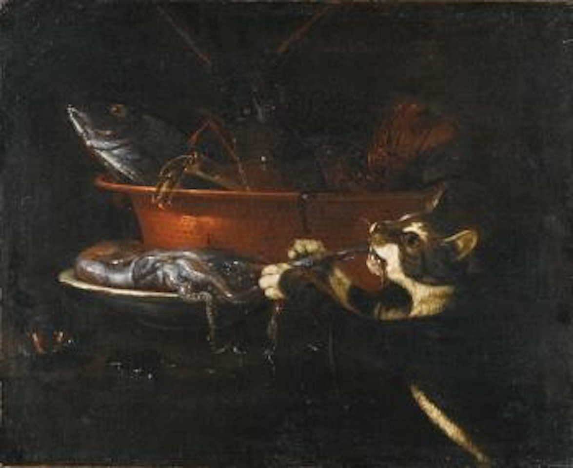 A Still Life With Seafood In a Copper Pan, a Cat Pinching a Squid From a Plate by Giuseppe Recco