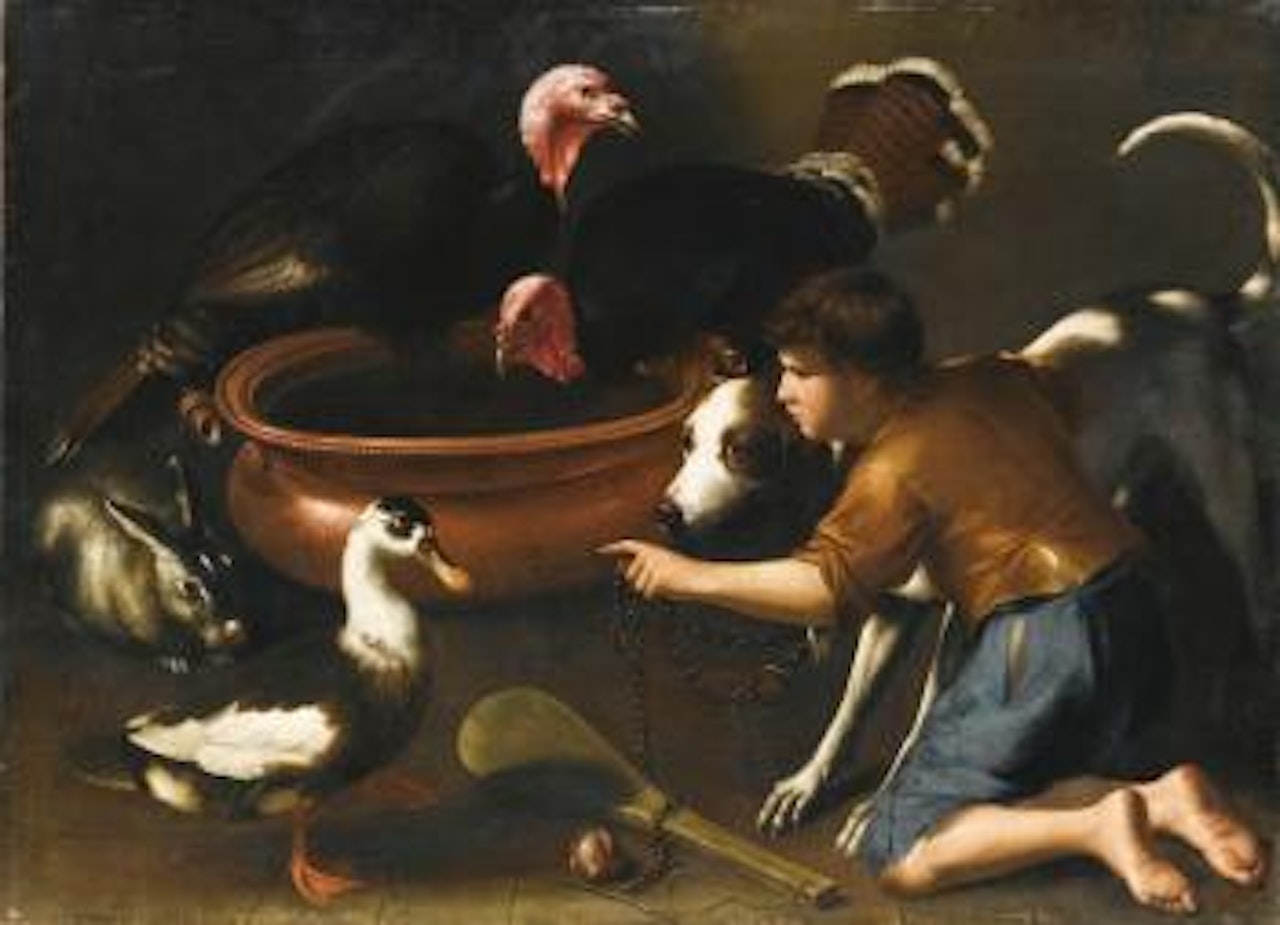 An Interior Still-life Scene With a Boy Playing With a Dog, Beside Them a Goose, a Rabbit And Two Turkeys by Roman School