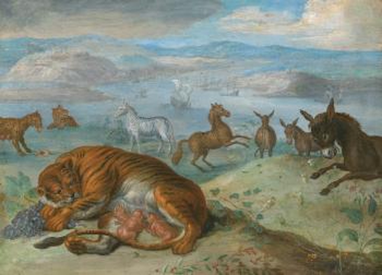 A Tigress Suckling Her Cubs, Zebras, Leopards And Other Beasts In a Landscape With Porte Segore Beyond; Bears, Horses And Antelope In a Landscape With Cracow Beyond.. by Jan Van Kessel The Elder