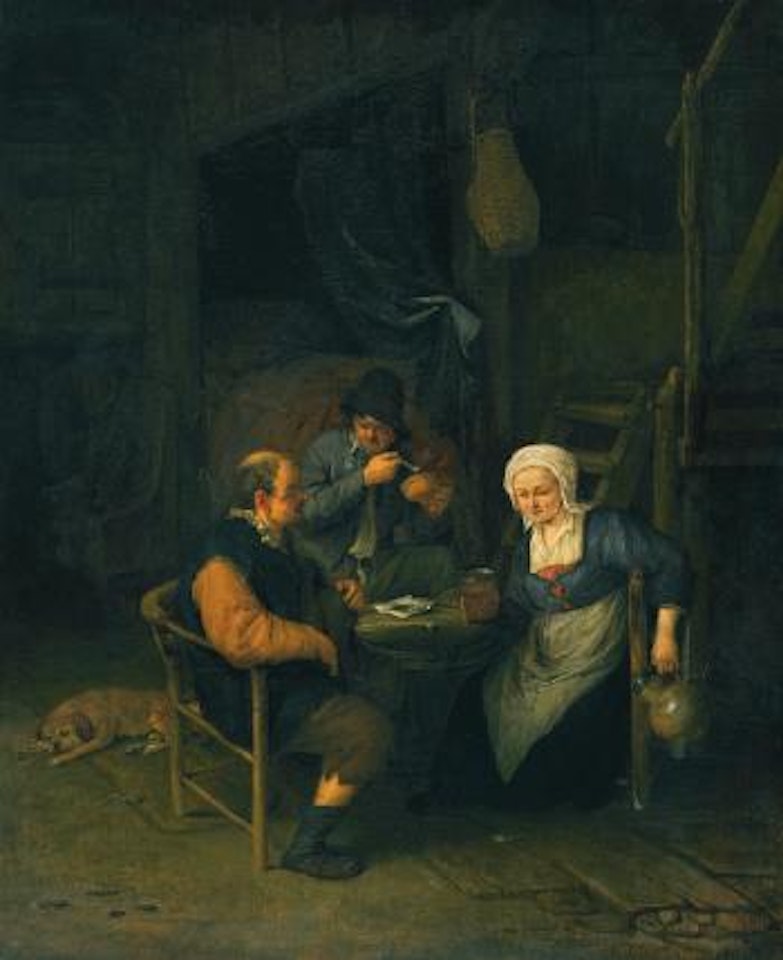 An Interior With Two Boors And a Woman Conversing, Smoking And Drinking At a Table by Adriaen van Ostade