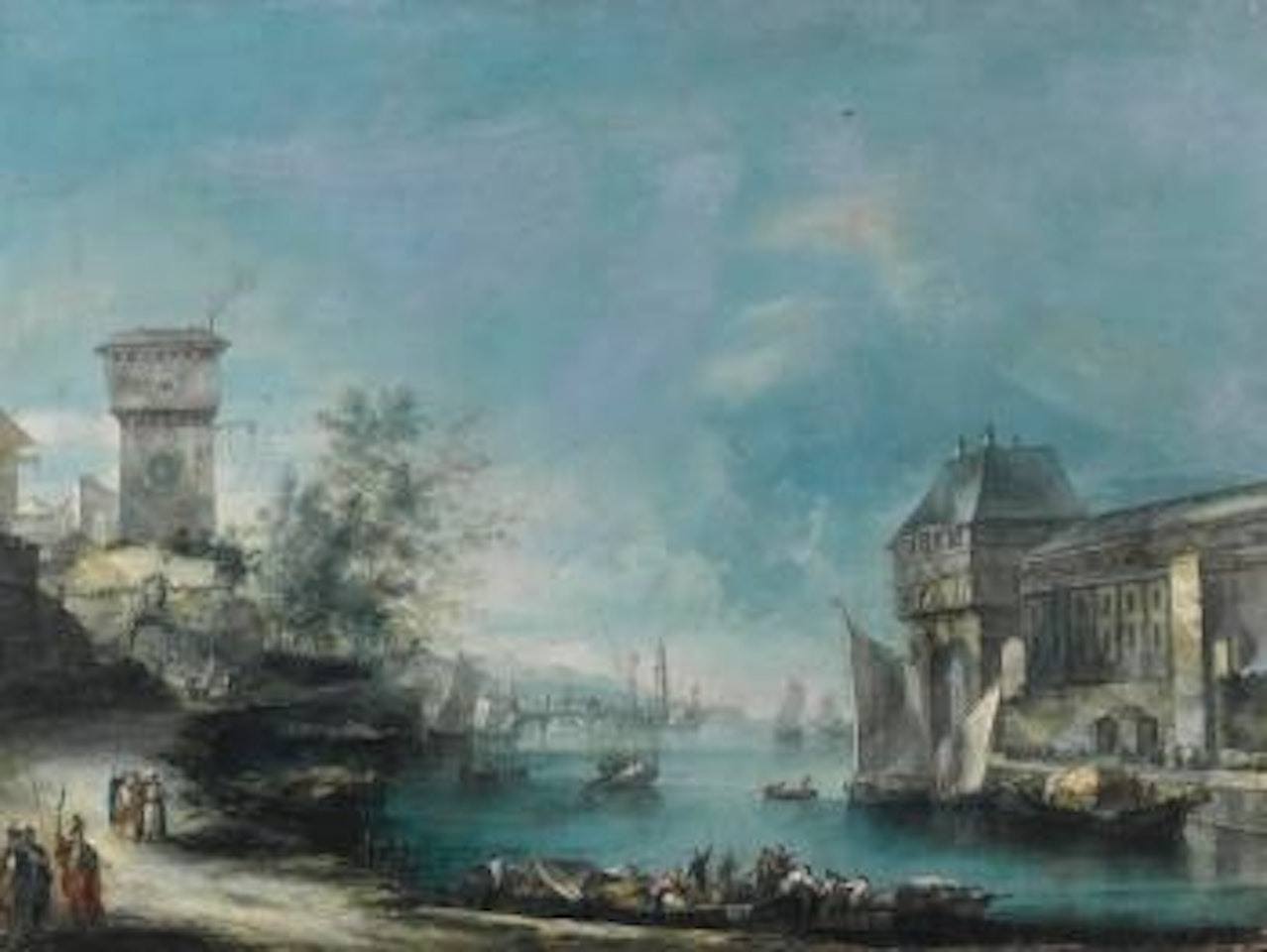 A Capriccio Coastal View With Elegant Buildings, a Bridge In The Distance, And Figures On Loaded Boats In The Foreground by Antonio Stom