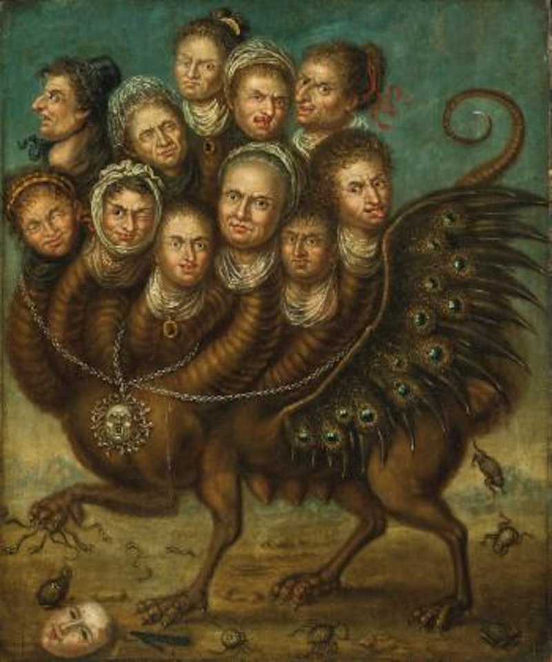 An Eleven-headed Winged Creature by German School