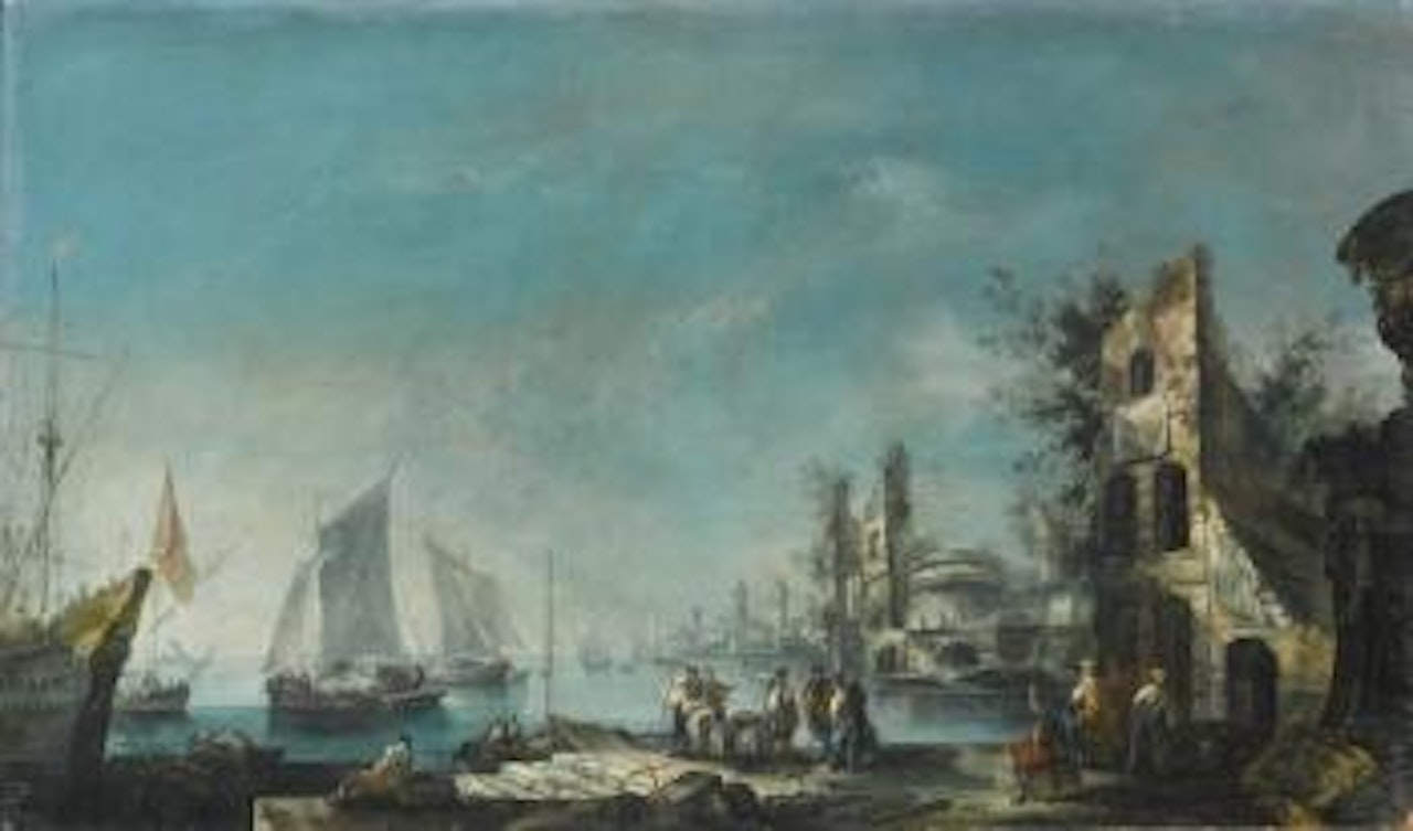 A Capriccio Harbour View With Figures Conversing And Ships At Anchor by Antonio Stom