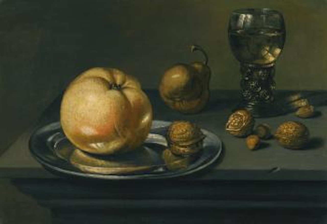 A Still Life Of An Apple, a Pear, Walnuts And a Glass Roemer On a Stone Ledge by Dutch School