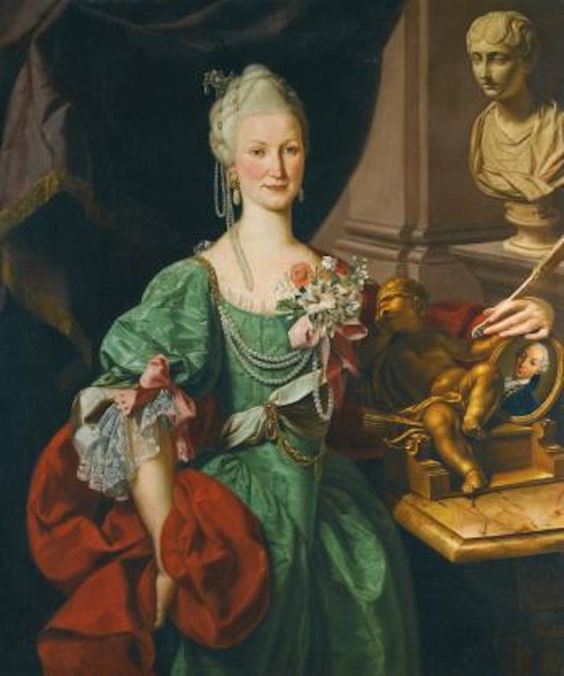 Portrait Of a Noblewoman, Three-quarter-length Standing Beside a Niche Containing a Marble Bust, Embracing a Sculpture Of Eros And Holding a Fan.. by Roman School