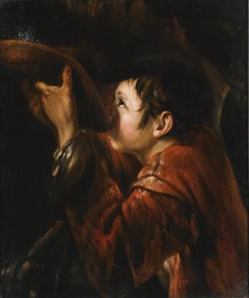 A Boy Using His Hat To Drink Water From a Fountain by Roman School