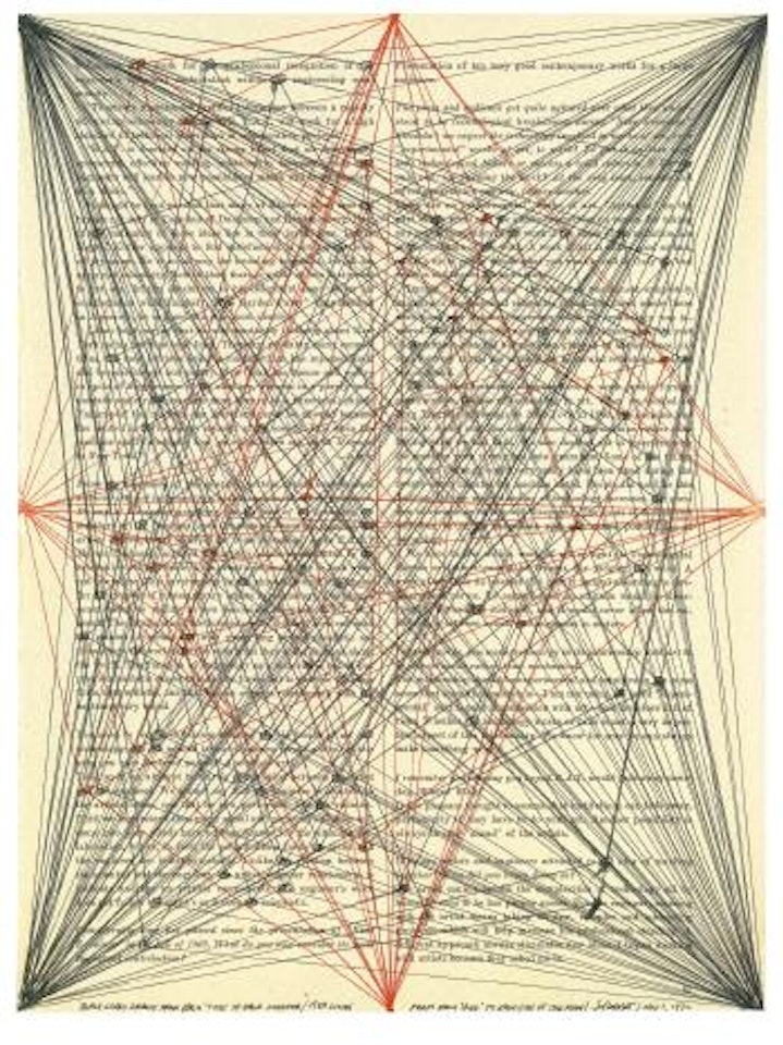 Black Lines Drawn From Each 'The' To Each Corner/ Red Lines From Each 'And' To Each Side Of The Page by Sol LeWitt