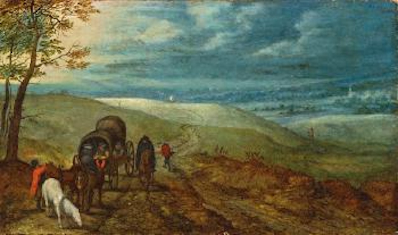 Weite hügelige Landschaft mit Planwagen by Jan Brueghel the Younger