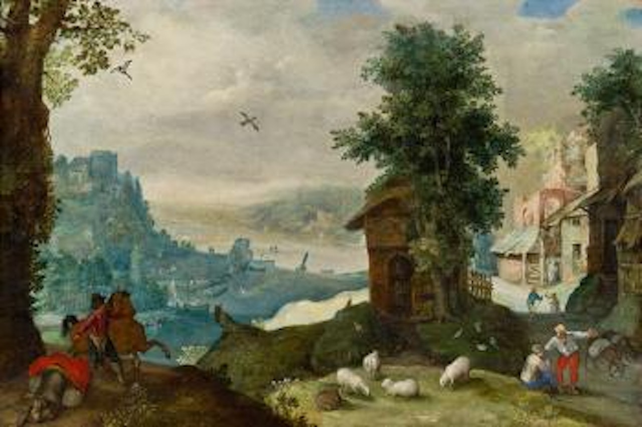 Gebirgige Flusslandschaft mit Dorf und Figuren by Anton Mirou