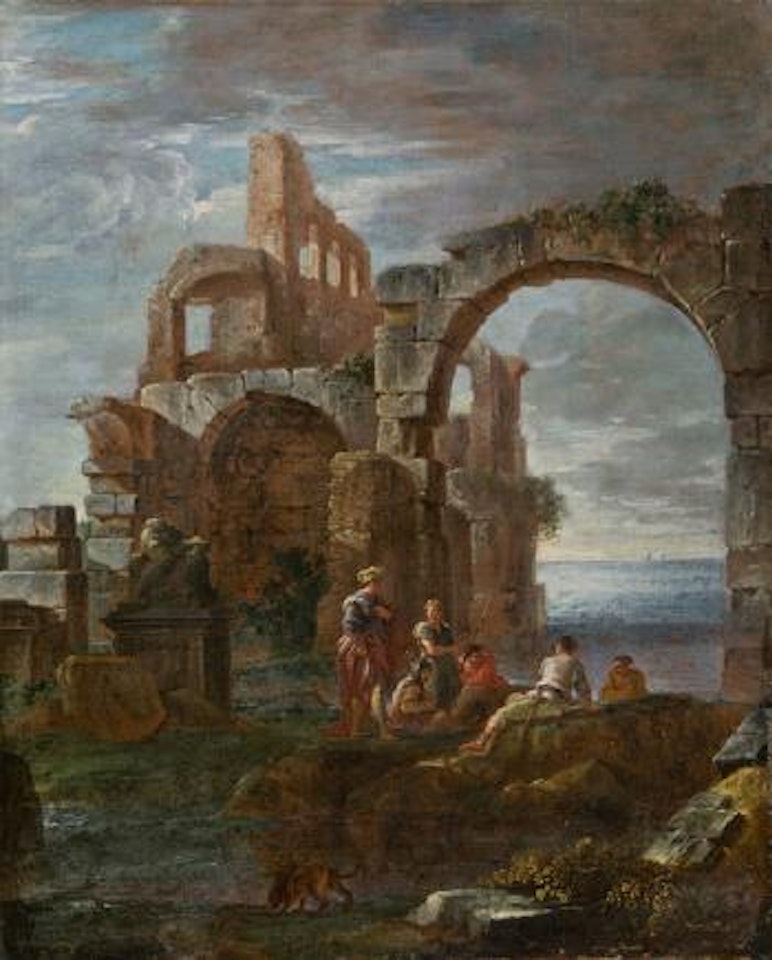 Fischer auf Küstenfelsen rastend, dahinter Ruinen eines antiken Gebäudes mit Torbogen by Giovanni Ghisolfi