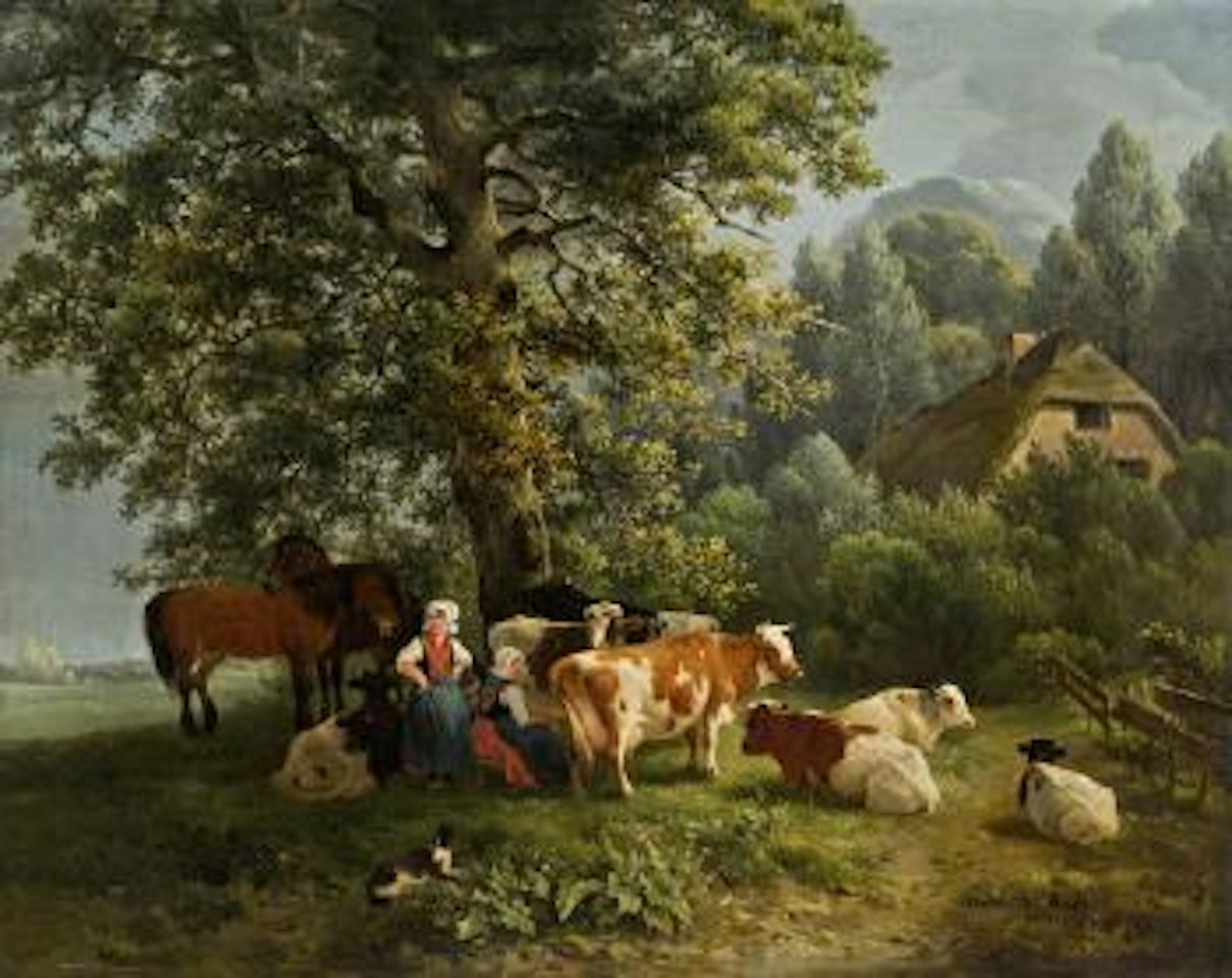 Ponies und Kühe mit zwei Bäuerinnen by Henriette Ronner-Knip
