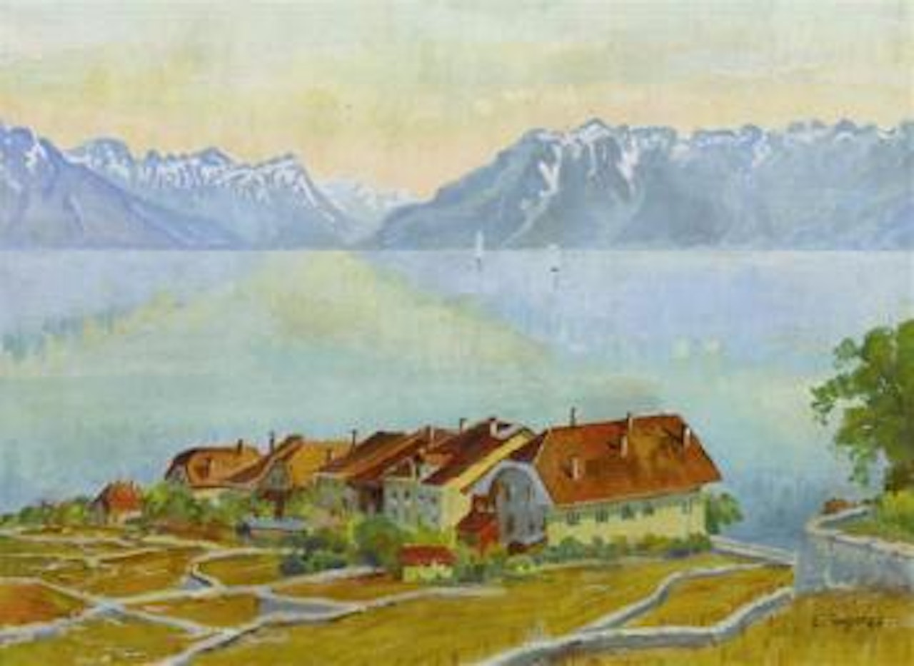 Seelandschaft mit Sicht auf die Alpen by Ernst Geiger