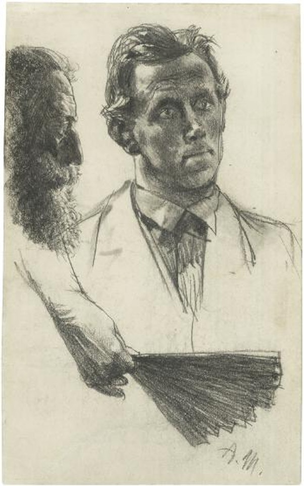 Männliches Porträt en face, Profil eines Mannes mit Vollbart und weiblicher Hand mit Fächer by Adolph Menzel