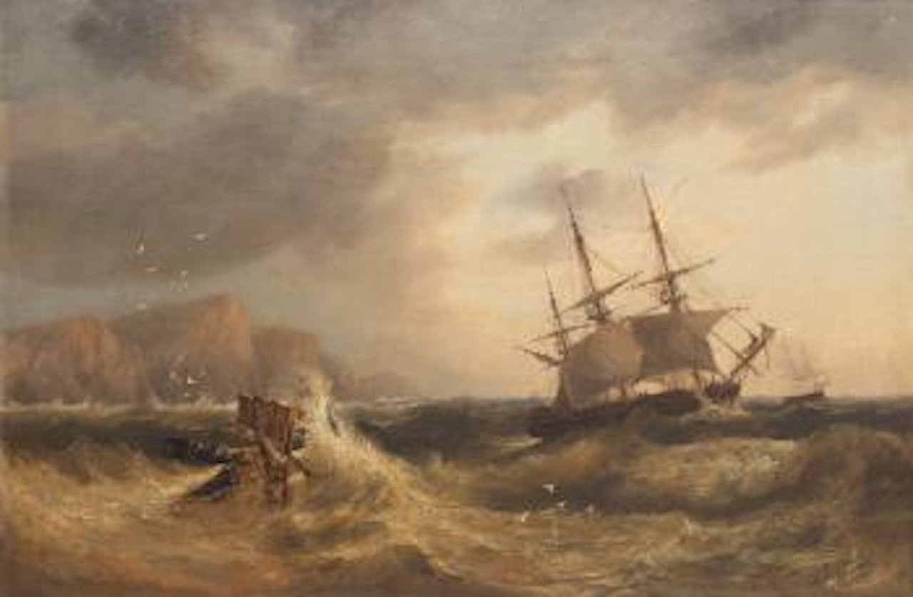 A three-masted merchantman reefed down in heavy seas off a rocky shore by John Wilson Carmichael