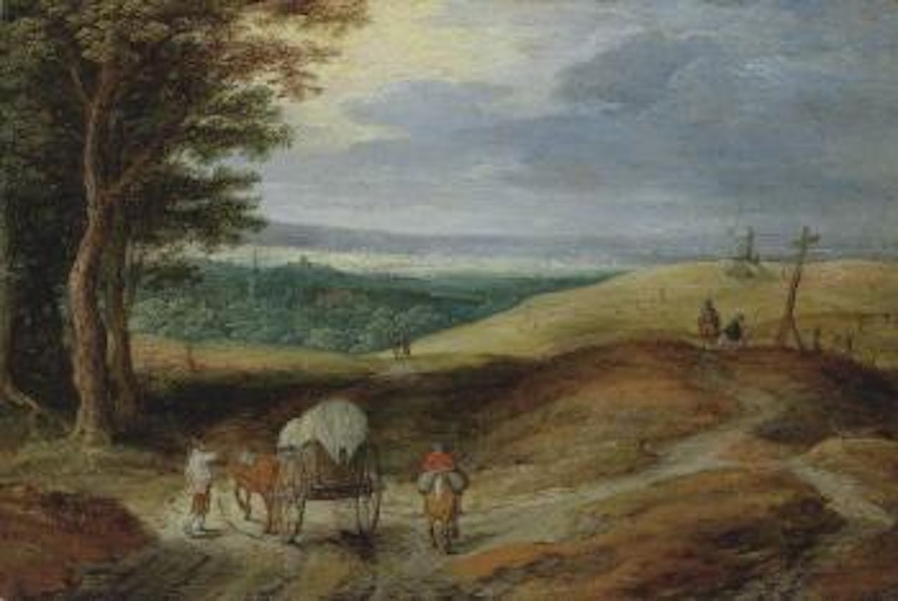 An extensive landscape with peasants and a horse-drawn wagon by Jan Brueghel the Younger