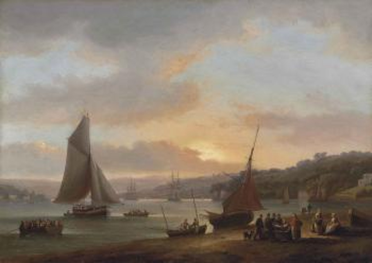 Shipping on the River Dart at Dittisham, Devonshire, with women selling fish in the foreground by Thomas Luny