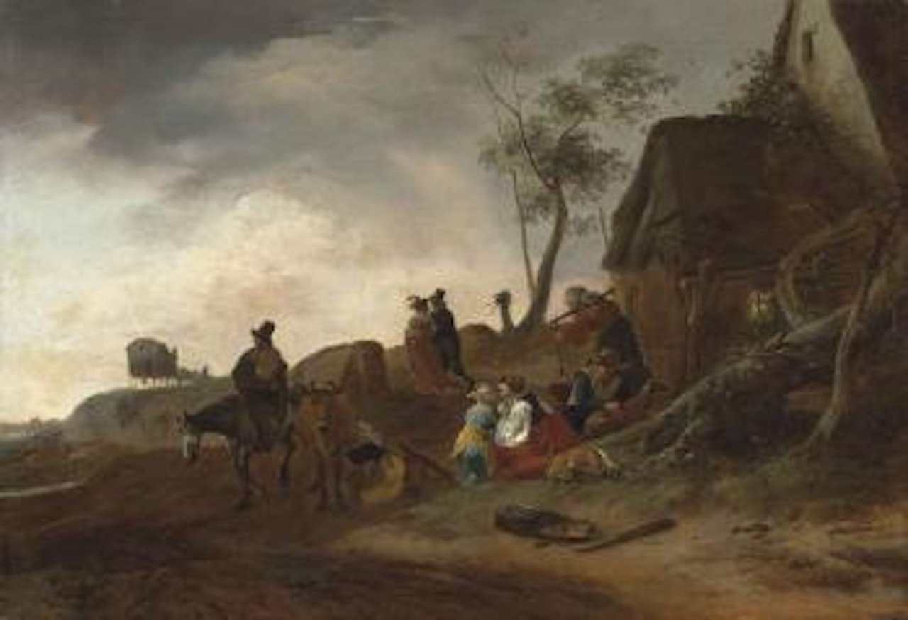 A wooded landscape with a traveller on horseback, a milkmaid and peasants by a cottage, an elegant couple and a carriage beyond by Philips Wouwerman