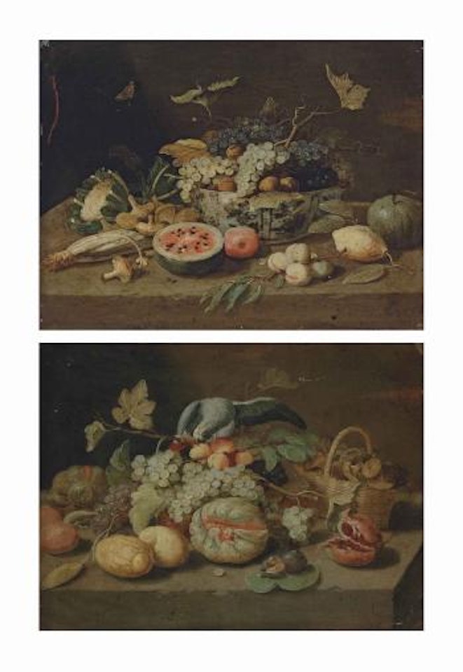 Grapes and walnuts in a porcelain bowl, with an open watermelon, mushrooms and other fruit and vegetables, on a stone ledge; and Grapes, lemons, a melon, figs and other fruit, with a basket of mushrooms and a parrot, on a stone ledge by Jan Van Kessel The Elder