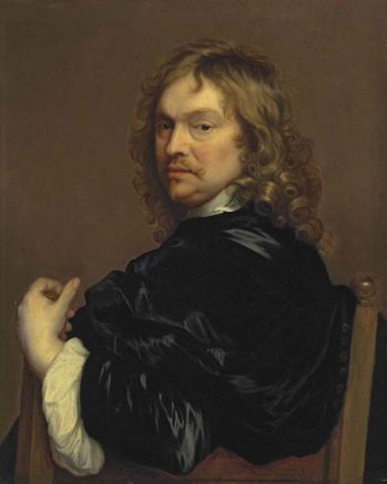 Portrait of the artist, half-length, in a black cloak, leaning on the back of a chair by Adriaen Hanneman