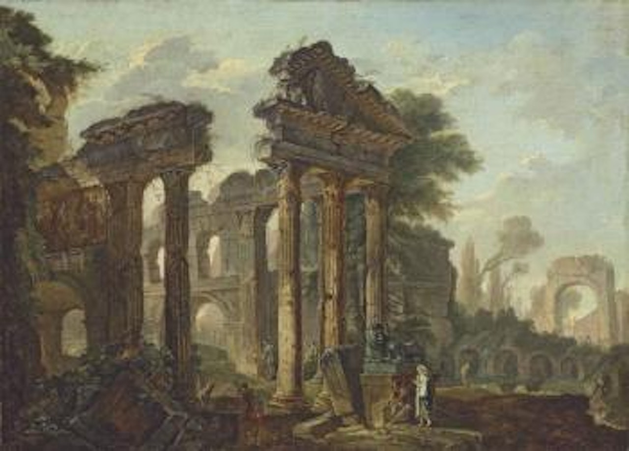 An architectural capriccio with peasants resting amongst Roman ruins by Hubert Robert