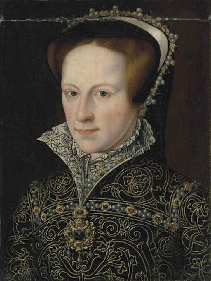 Portrait of Mary I, Queen of England (1516-1558), bust-length, in a jeweled French hood, a gold-embroidered dress with pearls, diamonds and rubies, with a Medici collar and a high neck, with a jeweled choker and pendant by English School