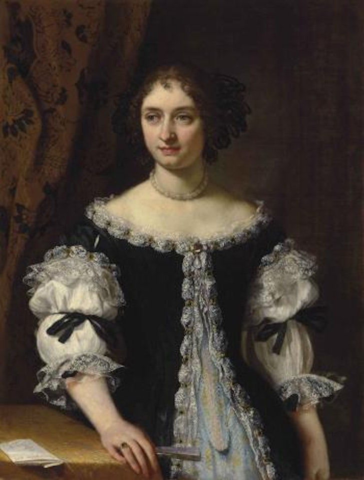 Portrait of Maria Maddalena Rospigliosi Panciatichi (1645-1695), half-length, in a black surcote trimmed with silver embroidery over a brocade gown, holding a fan, by a draped table with a letter by Attributed to Carlo Maratta