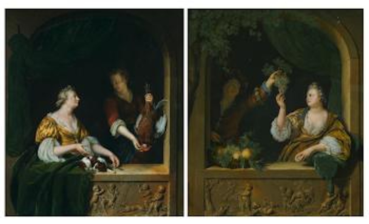 A Poultry Seller; A Gentleman Offering a Lady a Bunch Of Grapes by Willem van Mieris