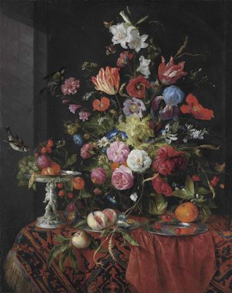 Flowers in a glass vase on a draped table, with a silver tazza, fruit, insects and birds by Jan Davidsz de Heem