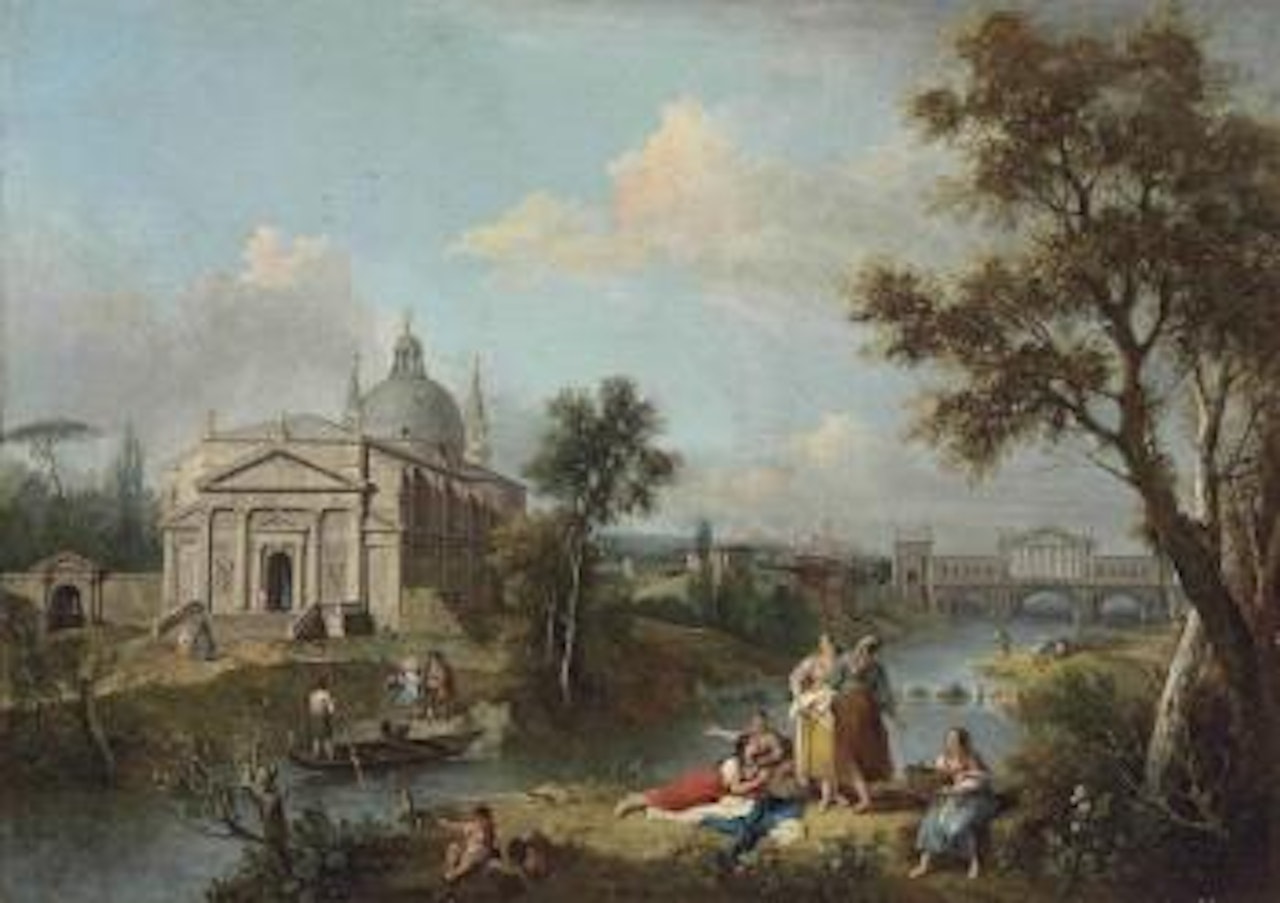 An Italianate river landscape with women fishing and resting on the bank, with a capriccio view of the Redentore and the Rialto Bridge as designed by Andrea Palladio beyond by Antonio Visentini by Francesco Zuccarelli