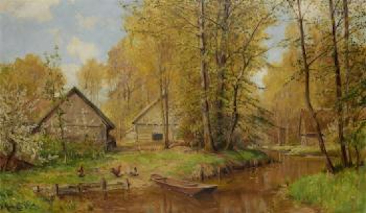 Cabins by a stream by Walter Moras