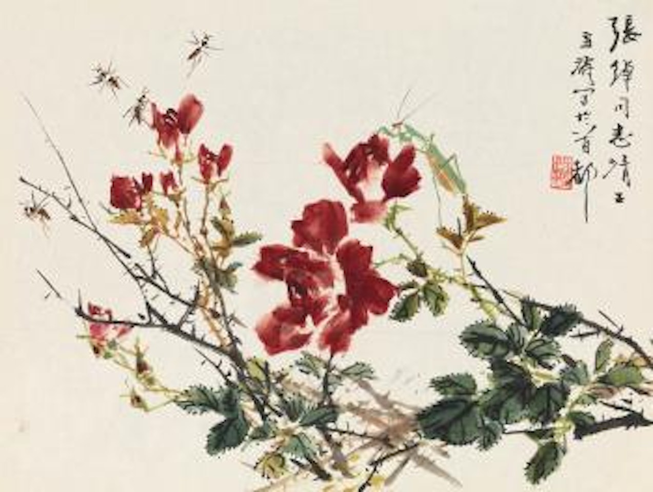 Chinese Rose And Inscet by Wang Xuetao