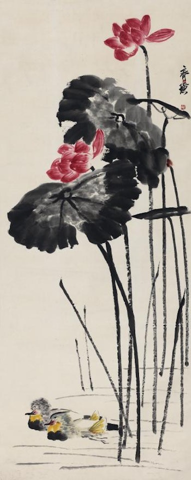 Red Lotus And Mandarin Duck by Qi Baishi