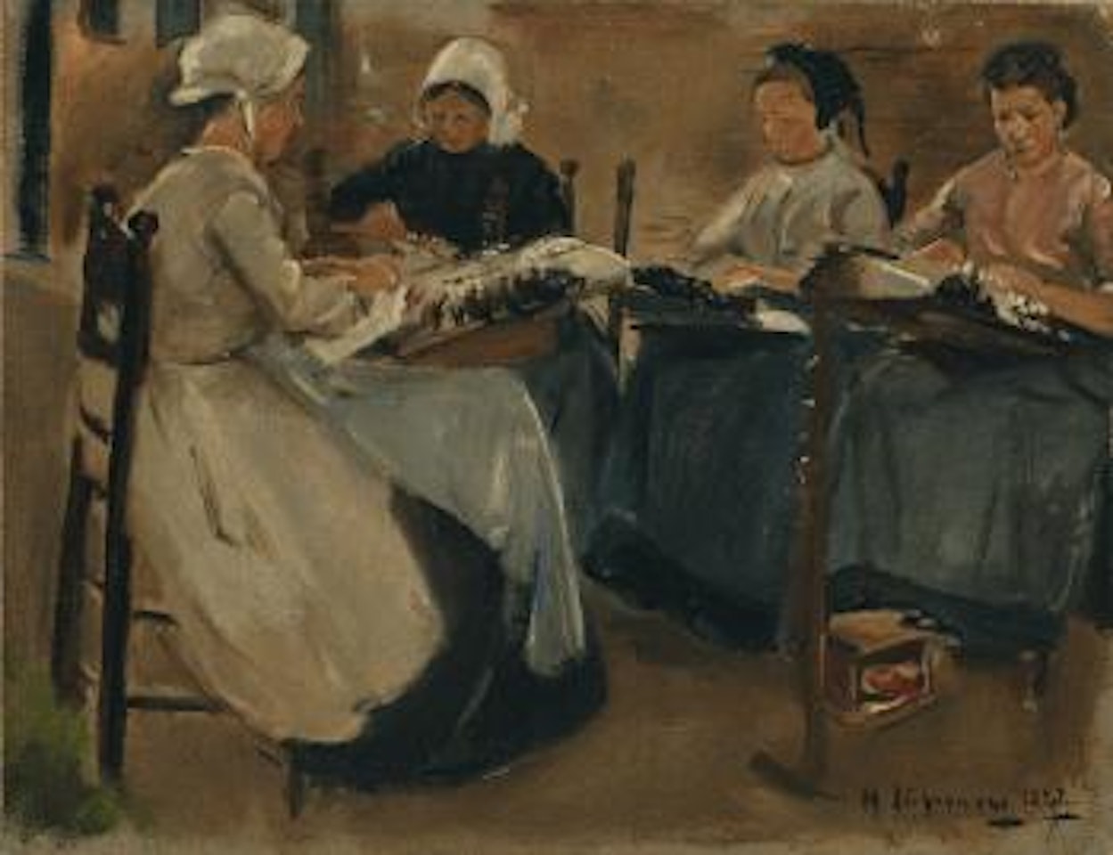 Brabanter Spitzenklöpplerinnen - Studie mit vier Figuren by Max Liebermann