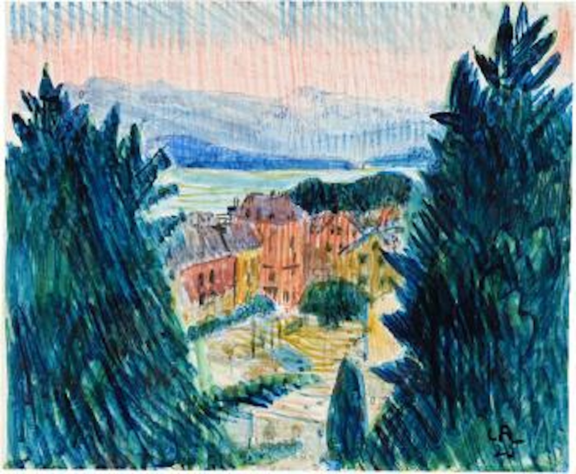 Häusergruppe an einem See mit Blick auf die Voralpen by Cuno Amiet