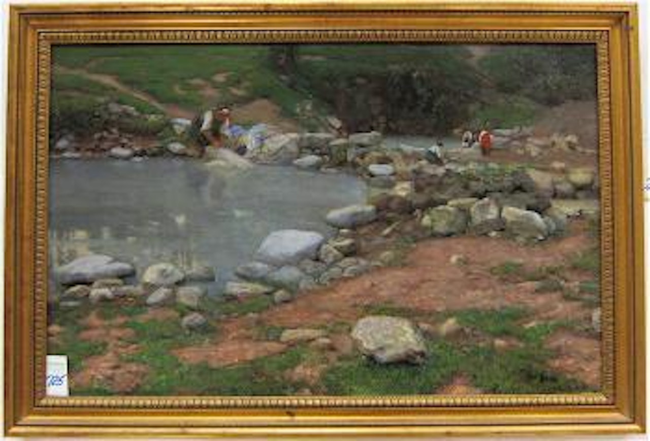 Four Italian women doing laundry in river pools by Mose Bianchi
