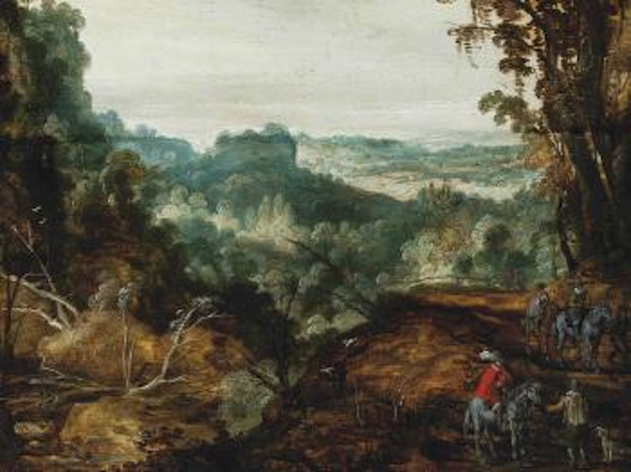A extensive wooded landscape with travellers on a track by Joos de Momper the Younger