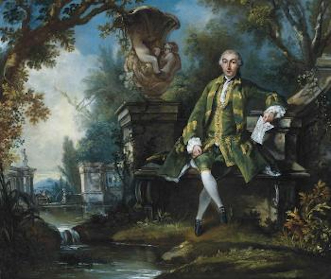 Portrait of a gentleman, seated full-length, in a green and gold embroidered coat and waistcoat, holding a musical score in his left hand, in a neoclassical garden by French School
