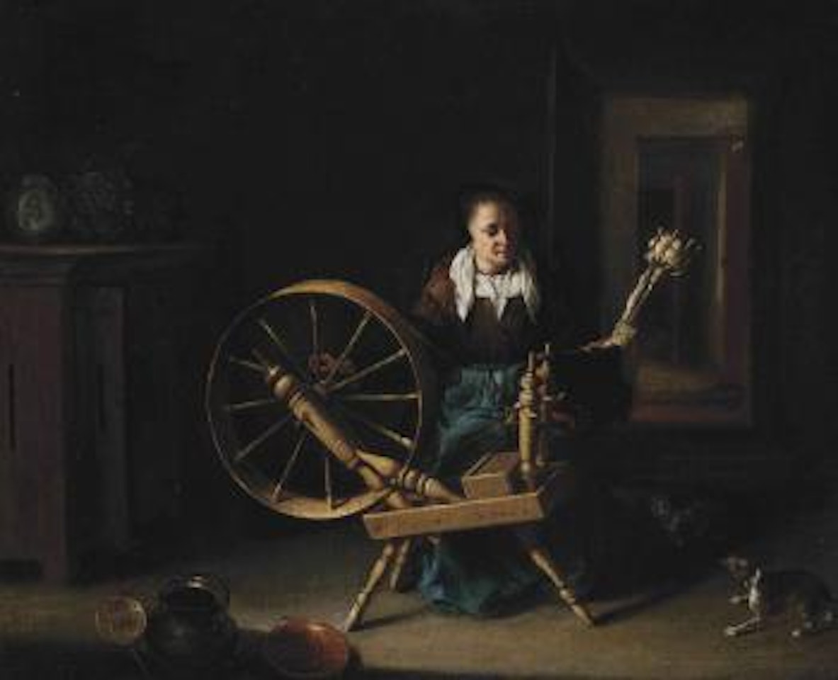 An old woman spinning wool in an interior by Nicolaes Maes