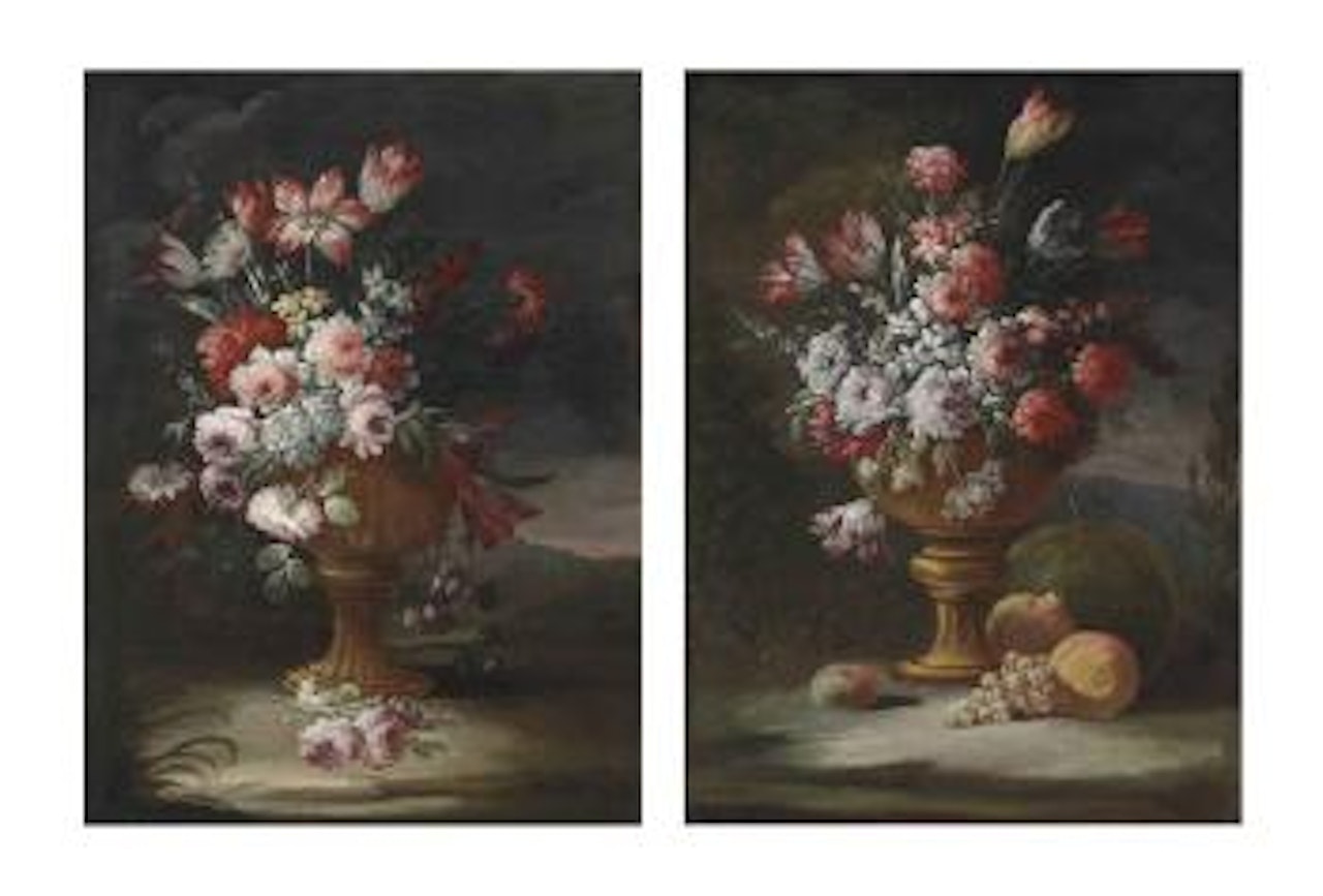 Peonies, tulips and other flowers in an urn with grapes, pomegranates and other fruit in a wooded landscape; and Roses, peonies, tulips and other flowers in an urn in a wooded landscape by Gasparo Lopez