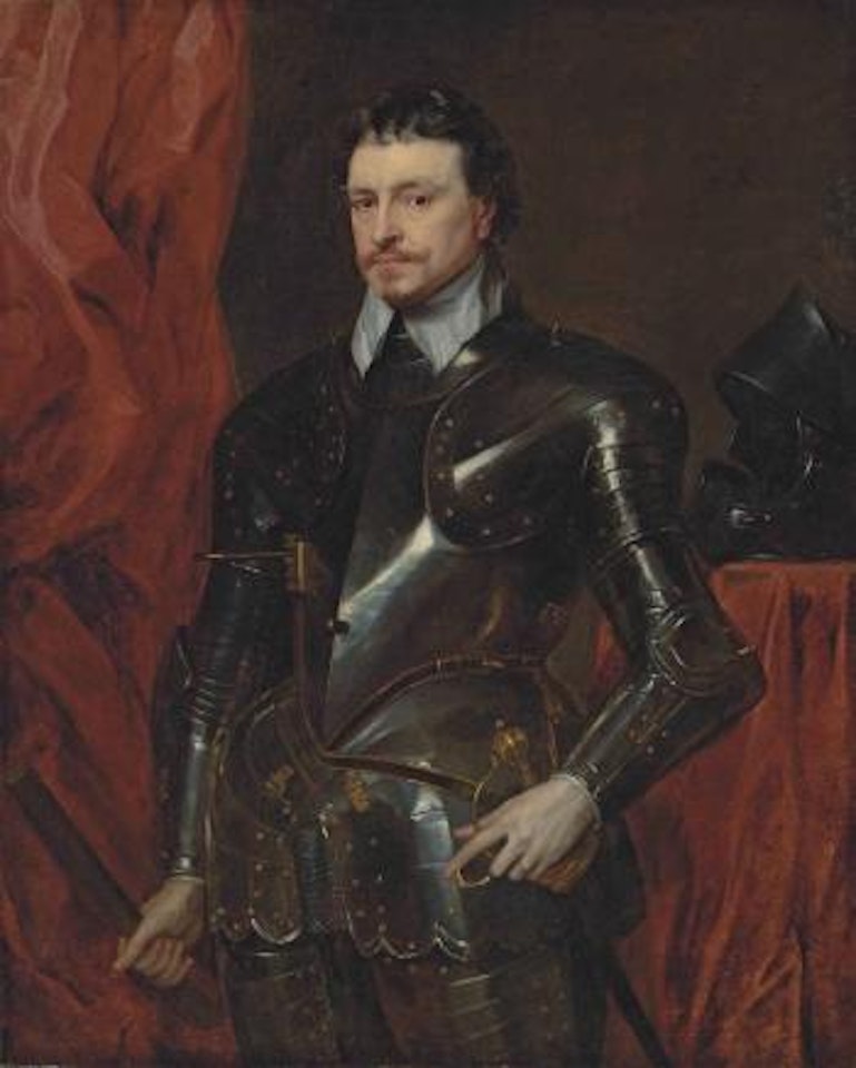 Portrait of Thomas Wentworth, 1st Earl of Strafford (1593-1641), three-quarter-length, in armour holding a baton, his helmet on a draped table and a curtain behind by Anthony van Dyck